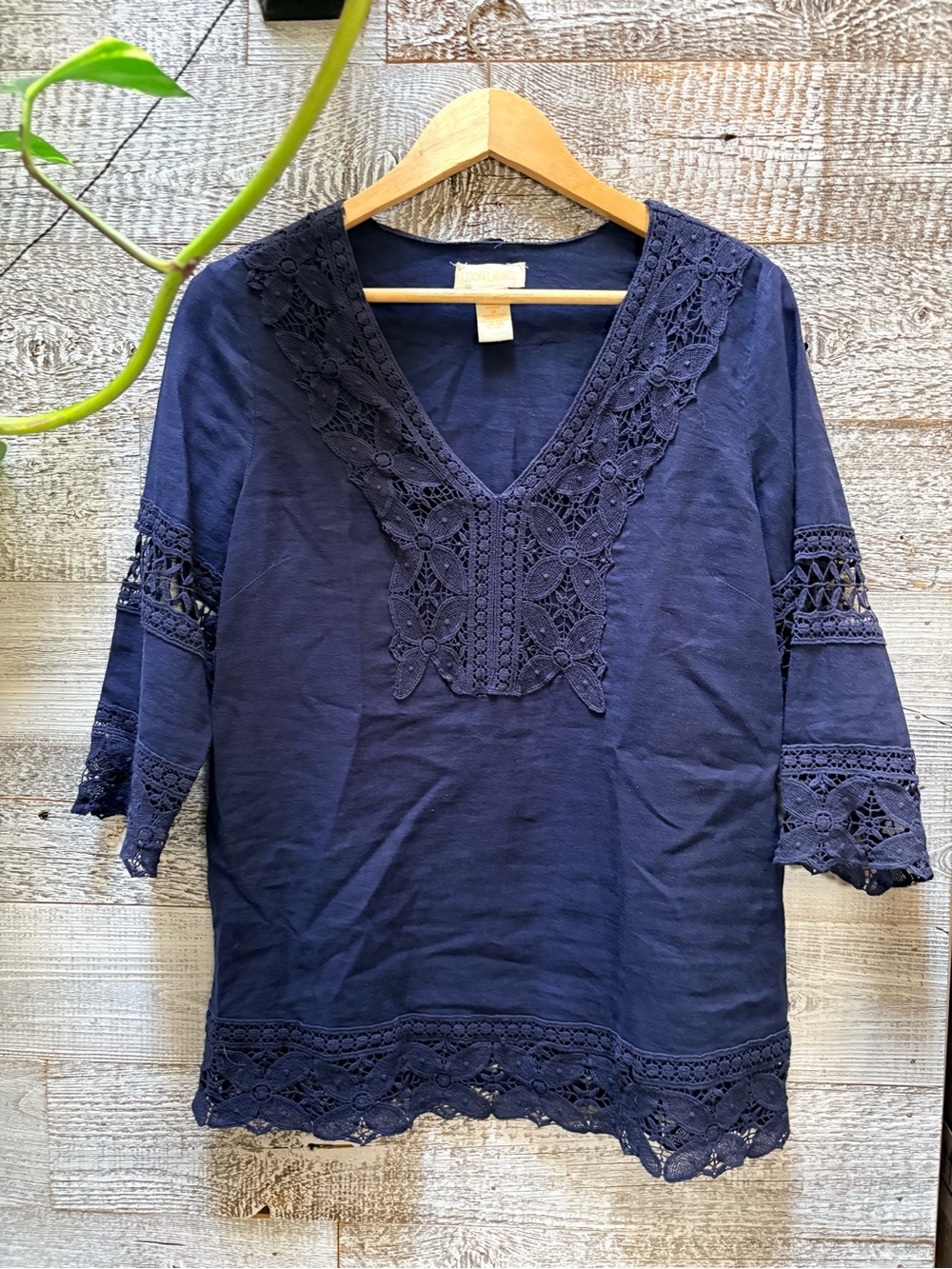Lucy & Laurel | Boho Lace Panel Linen-Blend 3/4-Sleeve Blouse - Women's M, Blue